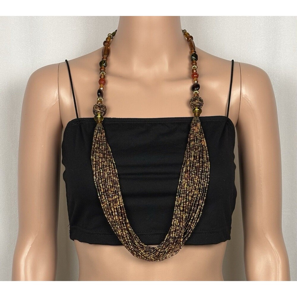 30-Strand Boho Seed Bead Statement Necklace Earth Tones Bronze 36"